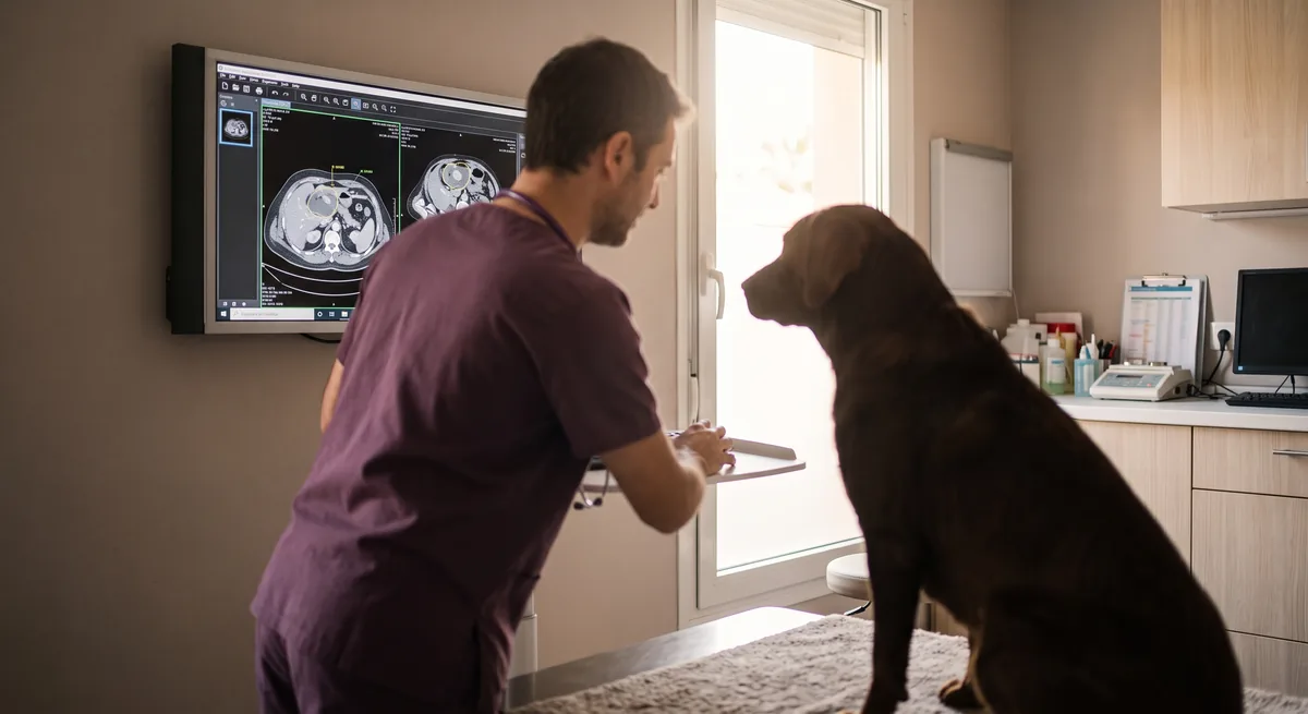 Veterinario revisando una imagen diagnóstica en consulta de oncología veterinaria